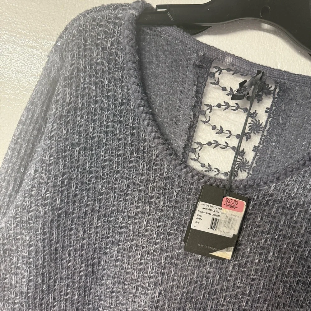 M Made In Italy Sweater Women L Blue Knit Sparkly Sequin V Neck Lace Floral Back - Picture 3 of 9